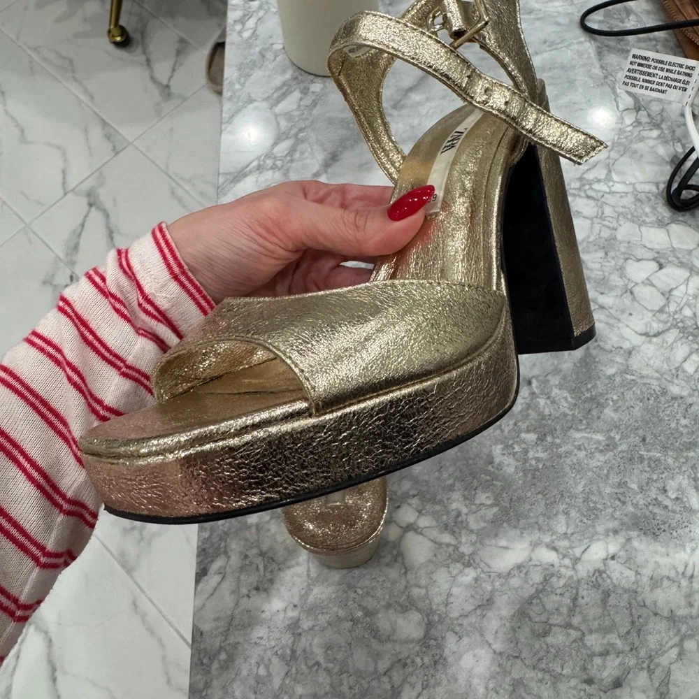 Zara Metallic Gold Block Heel Sandals - Picture 6 of 9